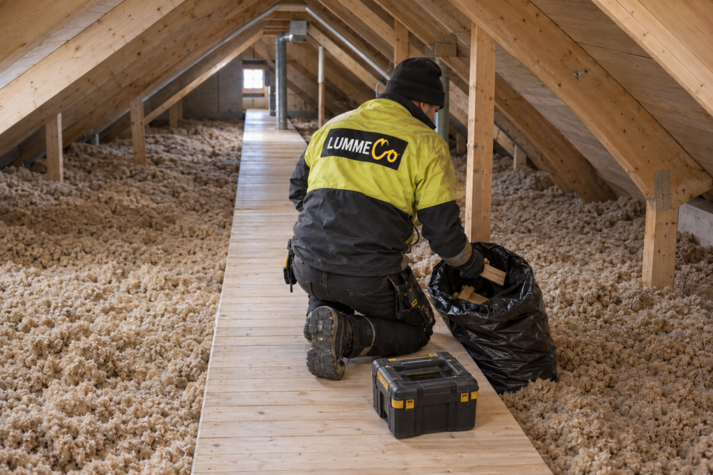 Arbeider som utfører isolering på loftet med løsisolasjon for bedre varmeisolasjon i takkonstruksjonen.