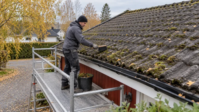 Fagarbeider på stillas fjerner mose fra betongtakstein om høsten