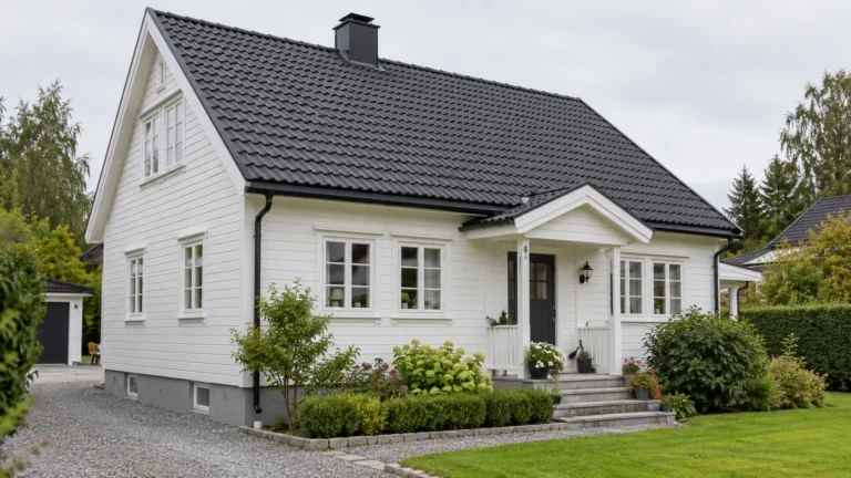 Hvitt bolighus med rengjort og behandlet svart takstein