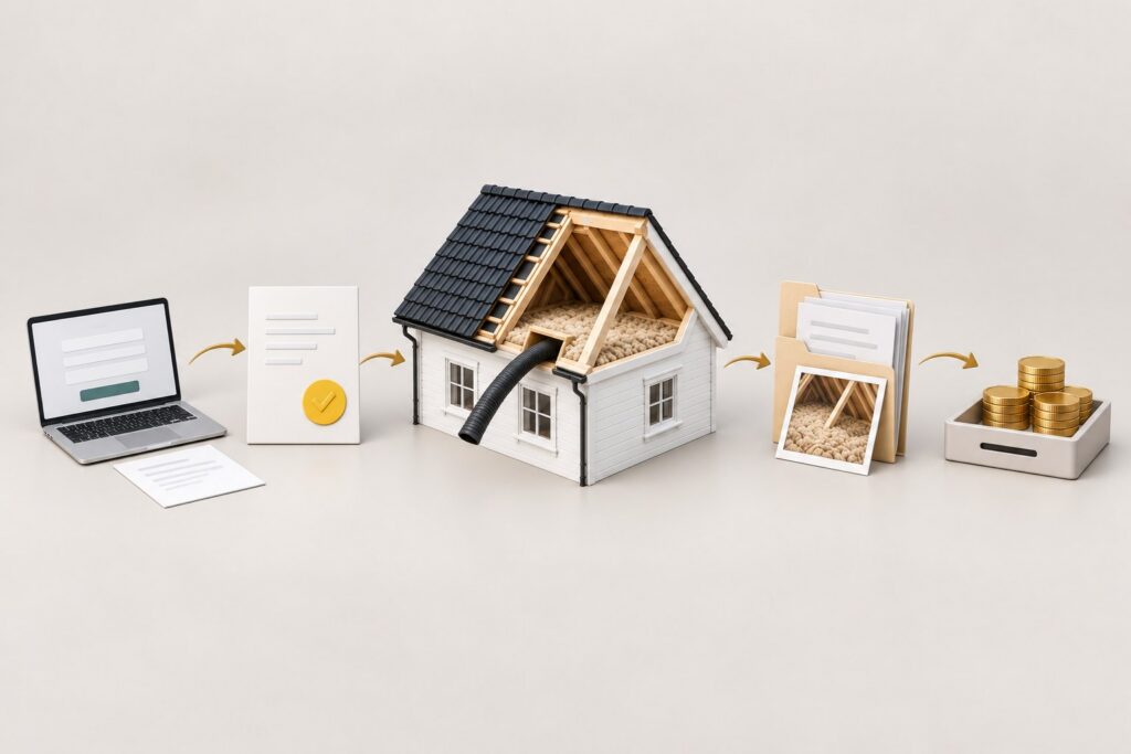 Illustrasjon: søknadsløpet hos Enova i fem steg
