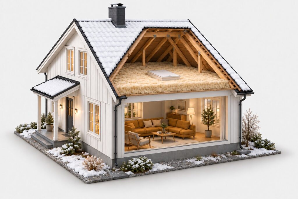 Hvitt hus om vinteren i snitt, med tykt lag innblåst isolasjon på loftet og jevnt snødekt tak