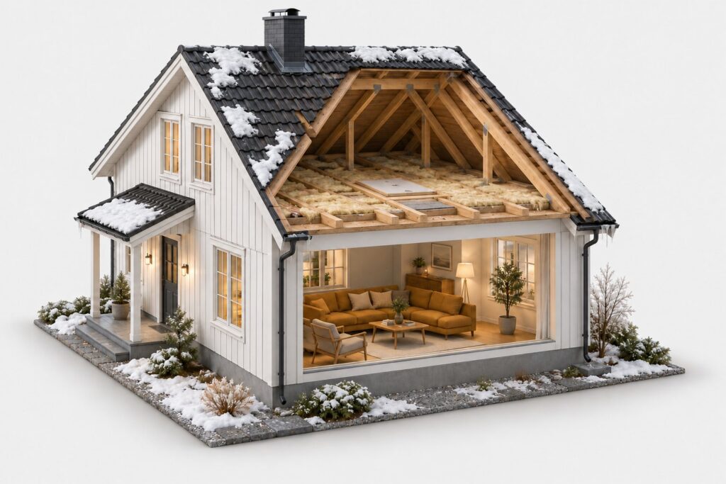 Hvitt hus om vinteren i snitt, med snø som har smeltet i flekker på taket, istapper ved takrenna og tynn isolasjon mellom bjelkene på loftet