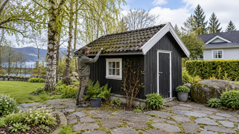Mann ser på mose på taket til en hagebod i en norsk hage
