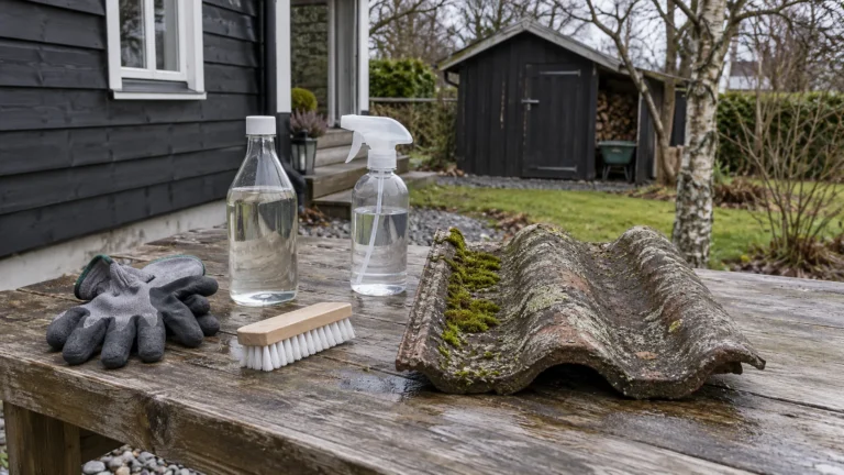 Eddikflaske, sprayflaske, børste og arbeidshansker ved siden av en mosegrodd takstein på et hagebord