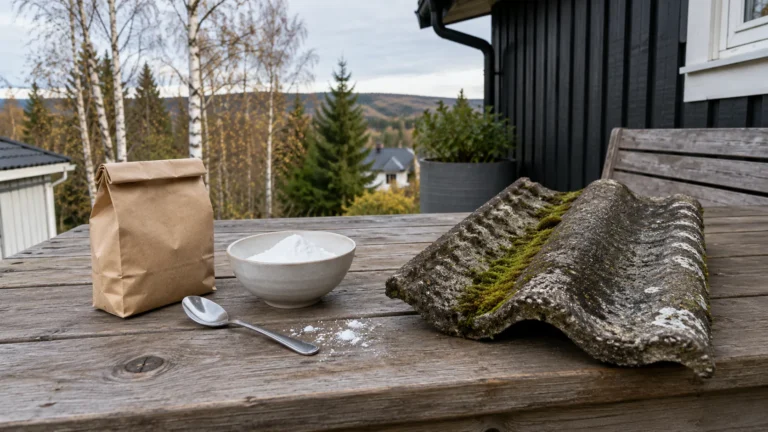 Pose med natron, bolle og skje ved siden av en mosegrodd takstein på et hagebord