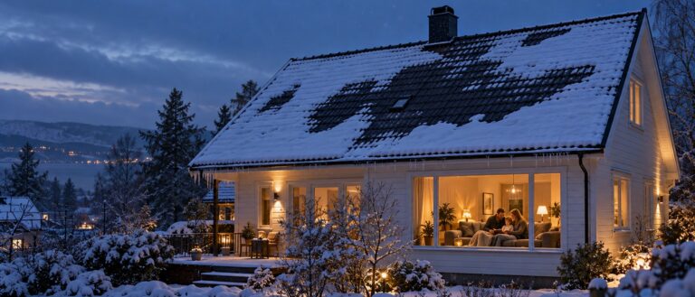 Hvitt hus en vinterkveld der snøen har smeltet i flekker på taket, med istapper langs takrenna og en familie i den varme stua