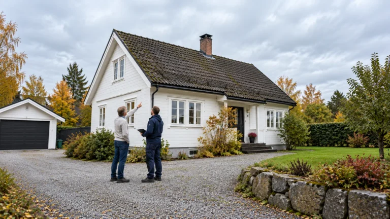 Rådgiver og huseier ser på taket til et hvitt bolighus med takstein